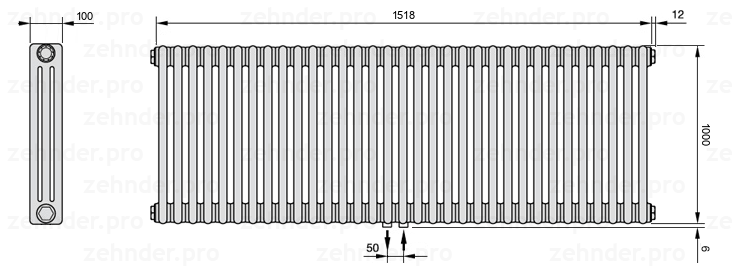 Схема (чертеж) Радиатор Zehnder Charleston 3100/33 №5410 Белый глянцевый RAL 9016